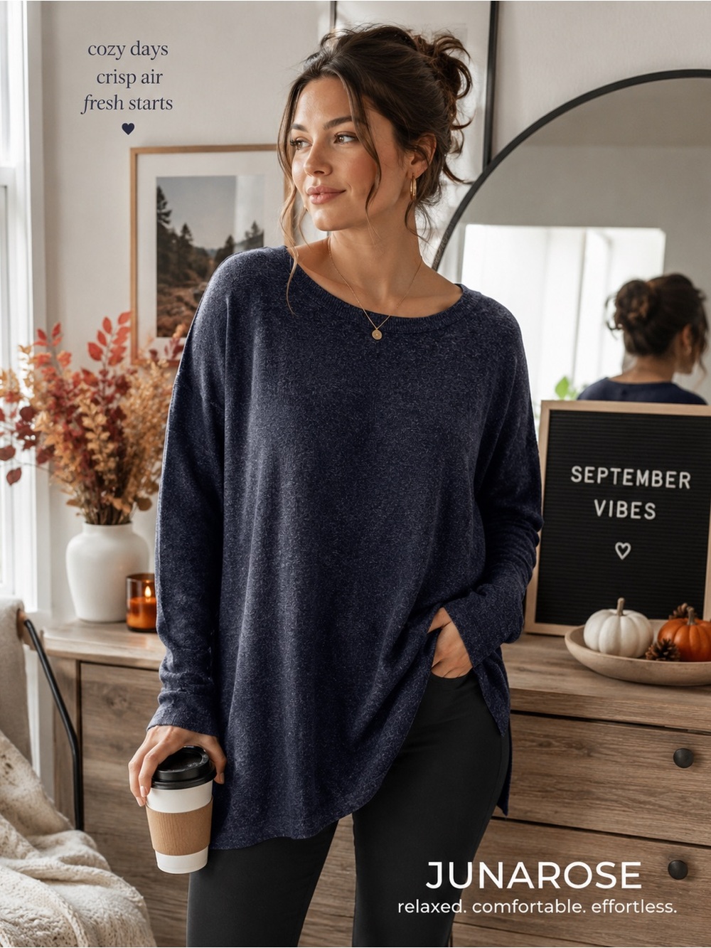 🍂 JUNAROSE | Medium | Navy Heathered | Tunic Sweater